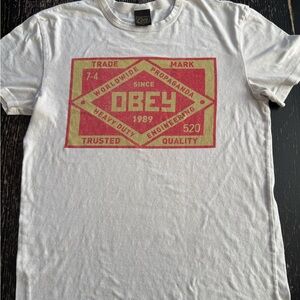Obey White Tee with Red and Gold Graphic Skater